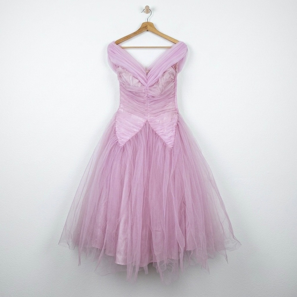 Vintage Lilac Tulle Off Shoulder Tea Length Party Dress Ruched 50s 24 Waist